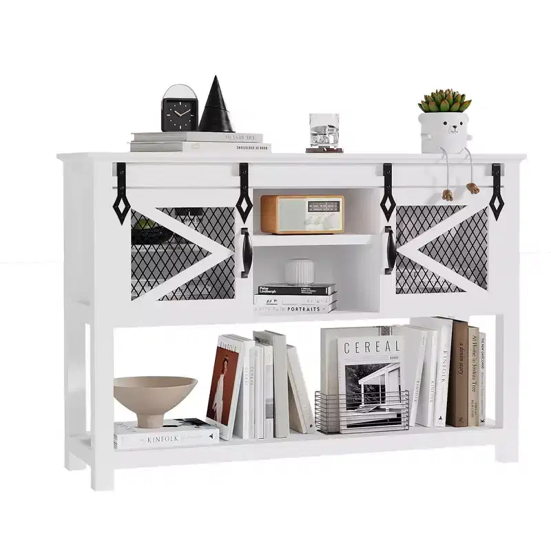 46 in Farmhouse Console Table with Sliding Barn Doors, White, 46x14x31.9 in