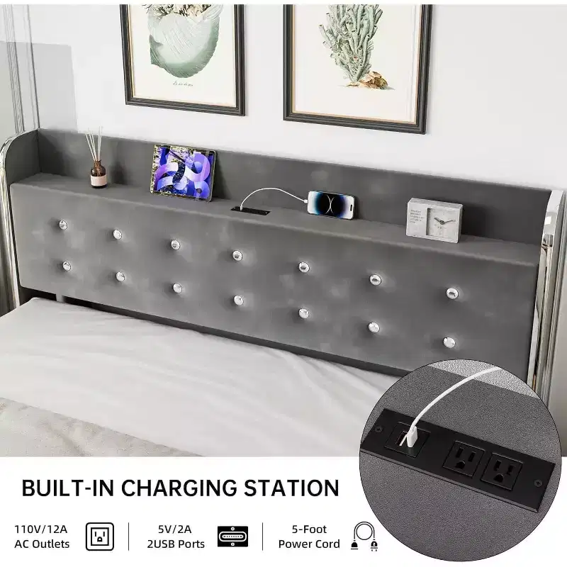 Queen Bed Frame with 4 Storage Drawers, Velvet Upholstered Platform, 1000 lbs Support, Gray