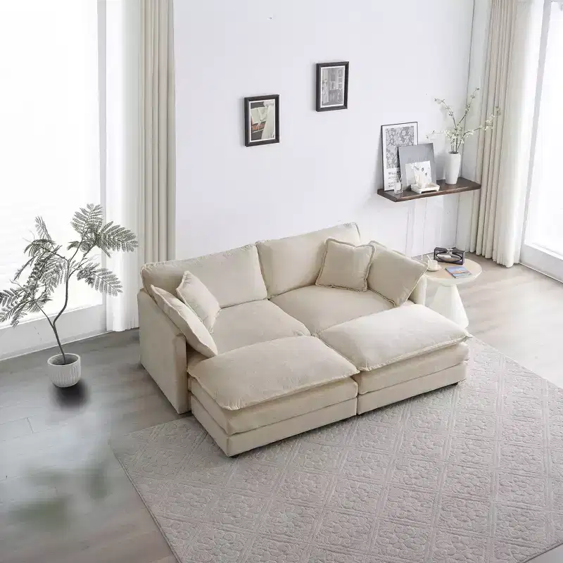 4 Piece Upholstered Sofa 1 Piece of 2 Seater Sofa and 2 Piece of Ottomans 2 Seater Loveseat Lounge with Ottomans Beige Chenille