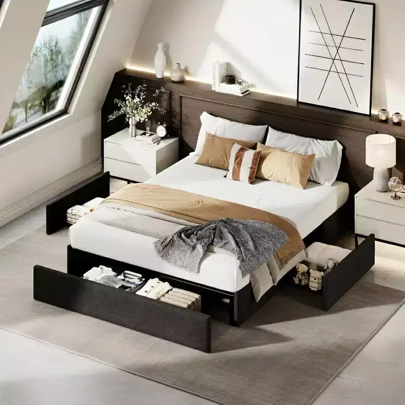 Platform Bed Frame with 3 Storage Drawers, Wood Slats, Modern Linen Upholstery