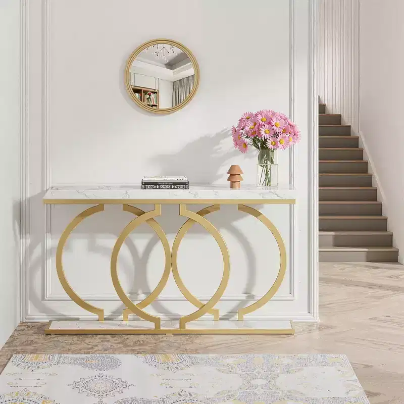 MAYEERTY 55.1 Gold Console Table, Faux Marble Veneer Geometric O-Shaped Base Entryway Table