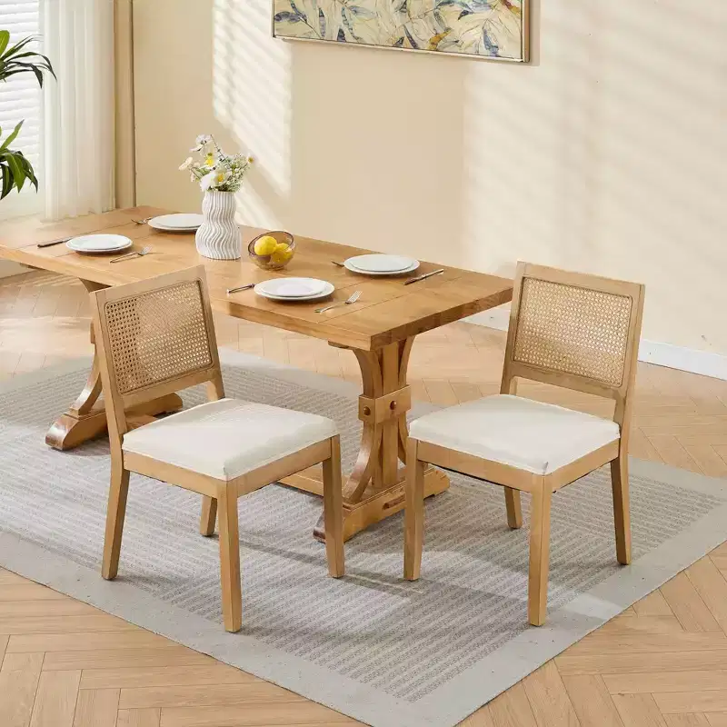 CLIHOME Set of 2 Farmhouse Rattan Dining Chairs, Cane Upholstered Kitchen Side Chairs with Natural Hardwood Frame