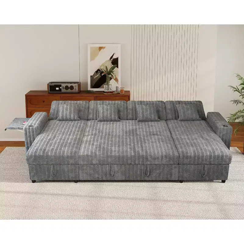 122 U-Shaped Convertible Sleeper Sofa with Storage, Adjustable Backrest, Side Table, USB Ports & Cup Holders, Grey