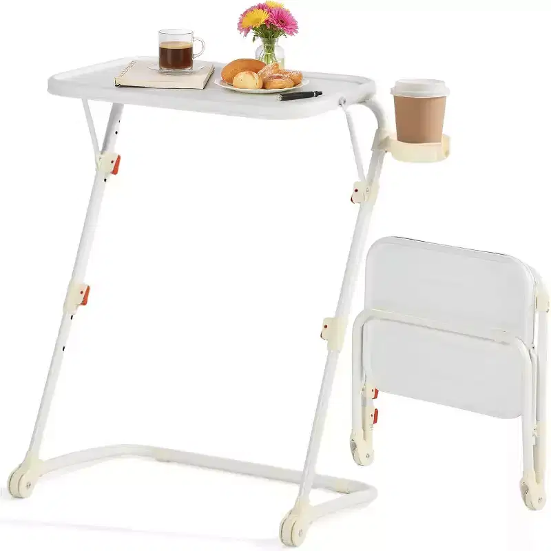 Adjustable Folding TV Tray with 4 Height & 3 Tilt Angle, Foldable Dinner Trays Laptop Snack Table with Cup Holder Sofa, 2PCS. White