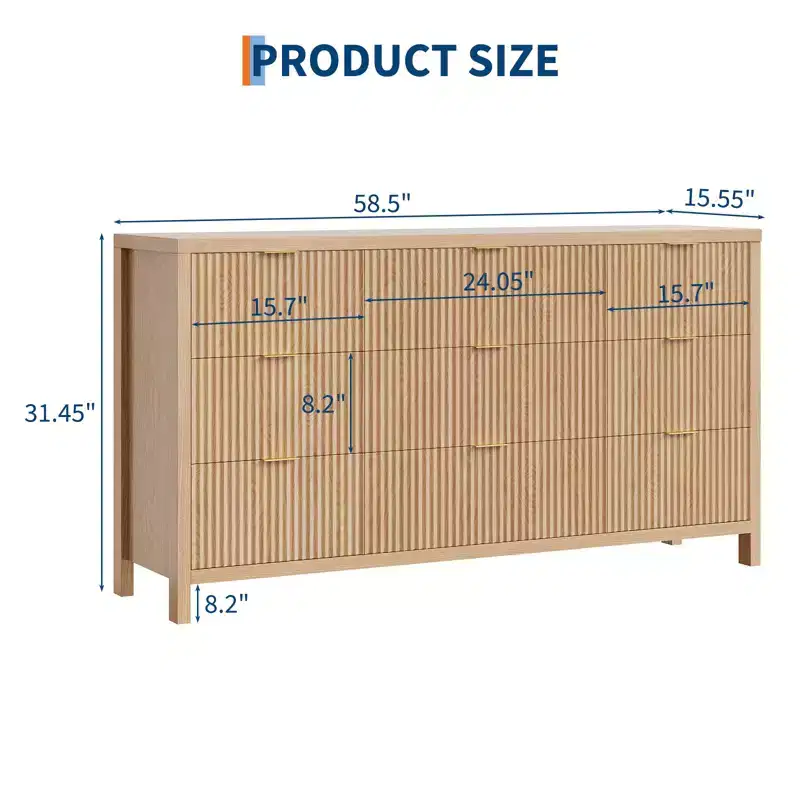 9 Drawer Dresser for Bedroom, 58.5W Wooden Chest of Drawers with Gold Handles, Fluted Clothes Storage Organizer, Dresser TV Stand for Hallway,Walnut