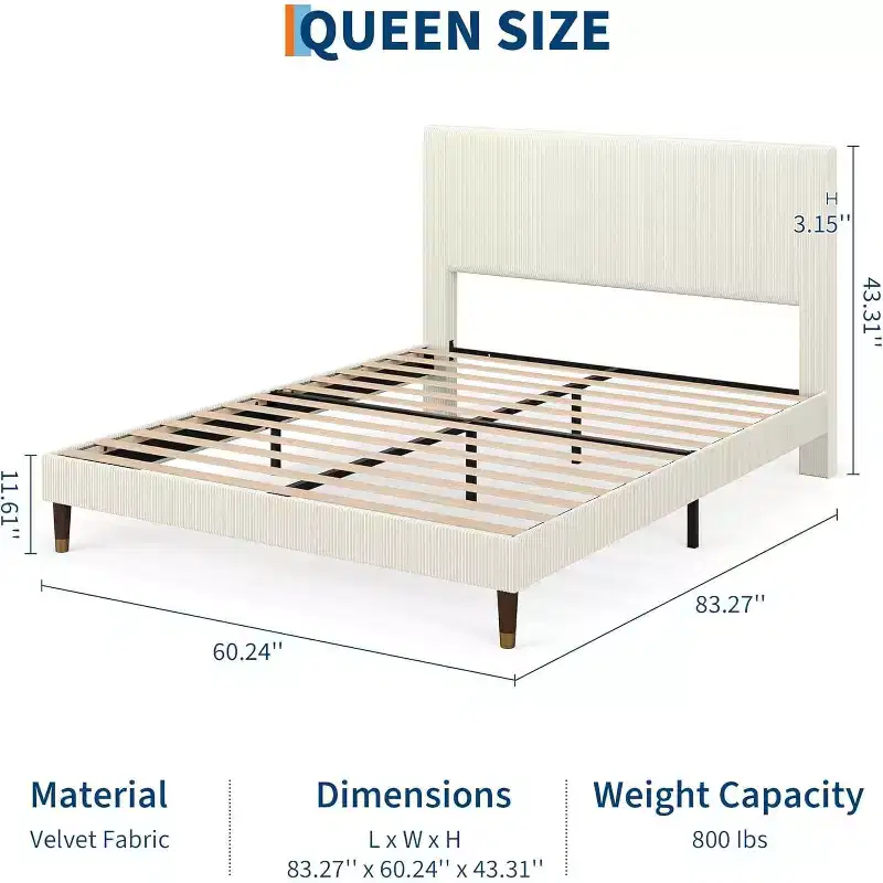 Queen Size Upholstered Platform Bed Frame with Modern Fabric Headboard, Sturdy Metal Frame & Wooden Slats, Noise-Free, No Box Spring Needed, Beige