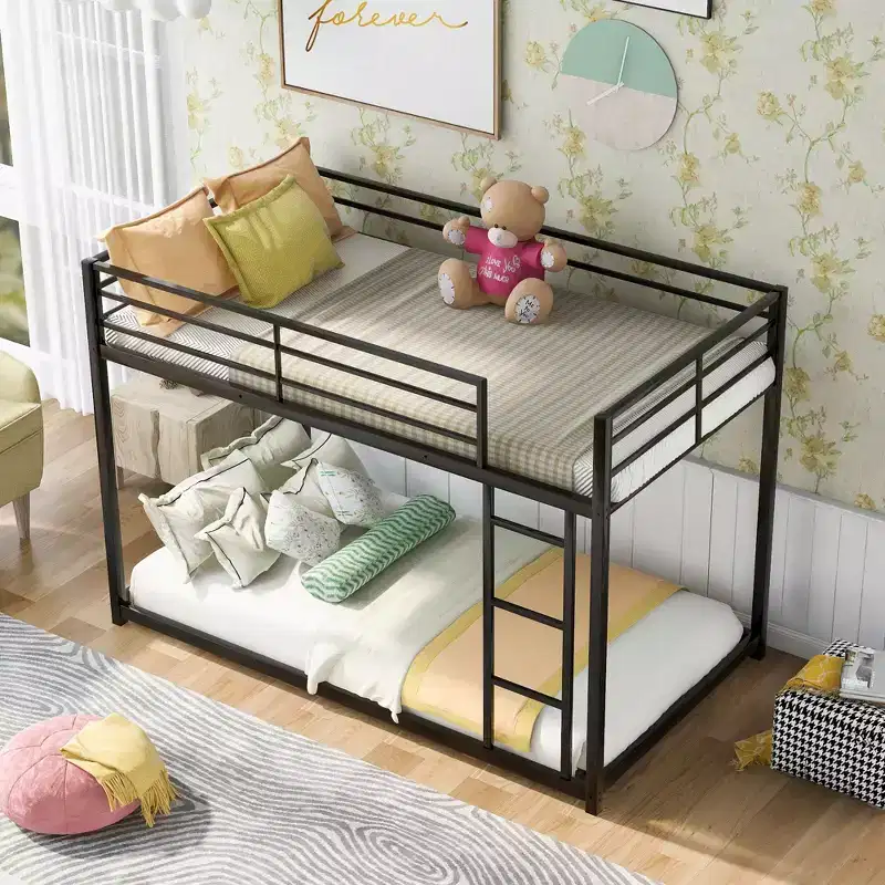 Okak 77.1IN Twin-Over-Twin Size Metal Floor Bunk Bed, Twin Bed with Ladder and Safety Guardrail, Kids Bunk Beds for Bedroom, Dormitory, Black