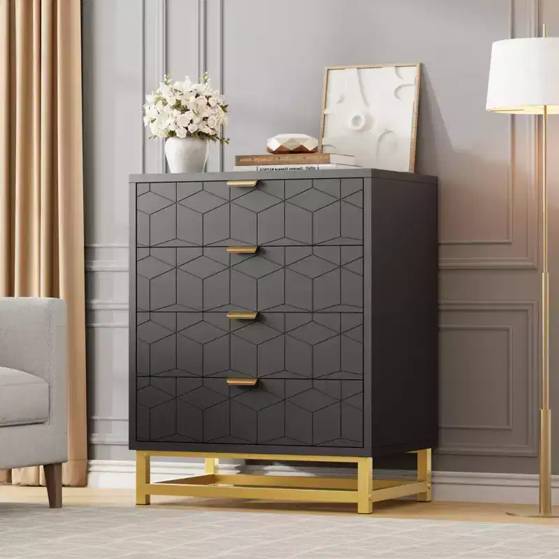 Modern Nightstand with 4 Drawers, Wooden Accent End Table with Metal Legs, Sofa Side Table for Small Space, 4 Drawer Dresser for Bedroom