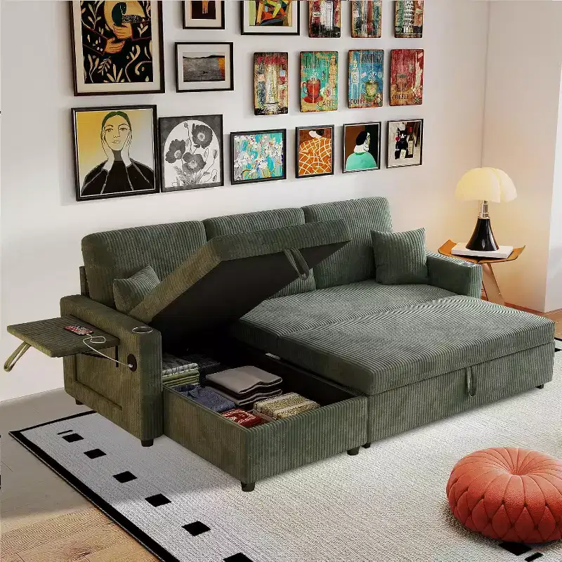 MooxvMoo 83 Convertible Sofa Bed Couch with Storage & USB Port, 4 in 1 L Shaped Sofa with Pull Out Couch Bed, Side Table, Cup Holder,Green