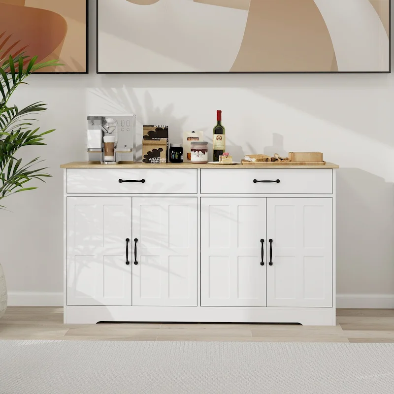 Large Farmhouse Buffet Cabinet Storage Sideboard with 2 Drawers and 4 Doors for Dining Living Room Kitchen Cupboard-White