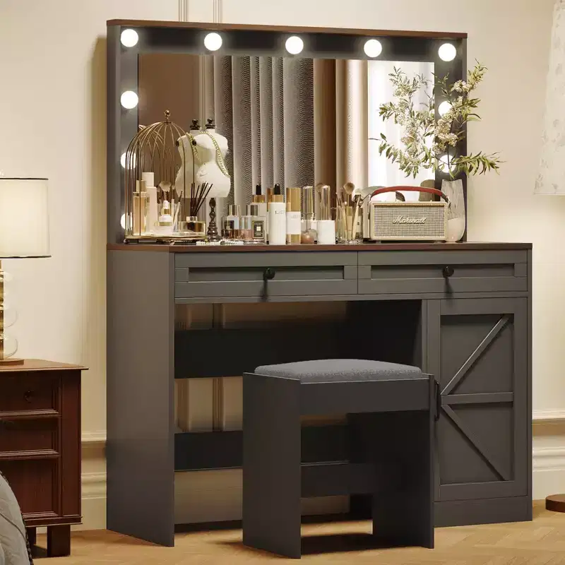 Okak Vanity Table with Drawers and Lights,43.4Makeup Vanity Table with Large Mirror and 11 LED Light and 3 Drawers,Black