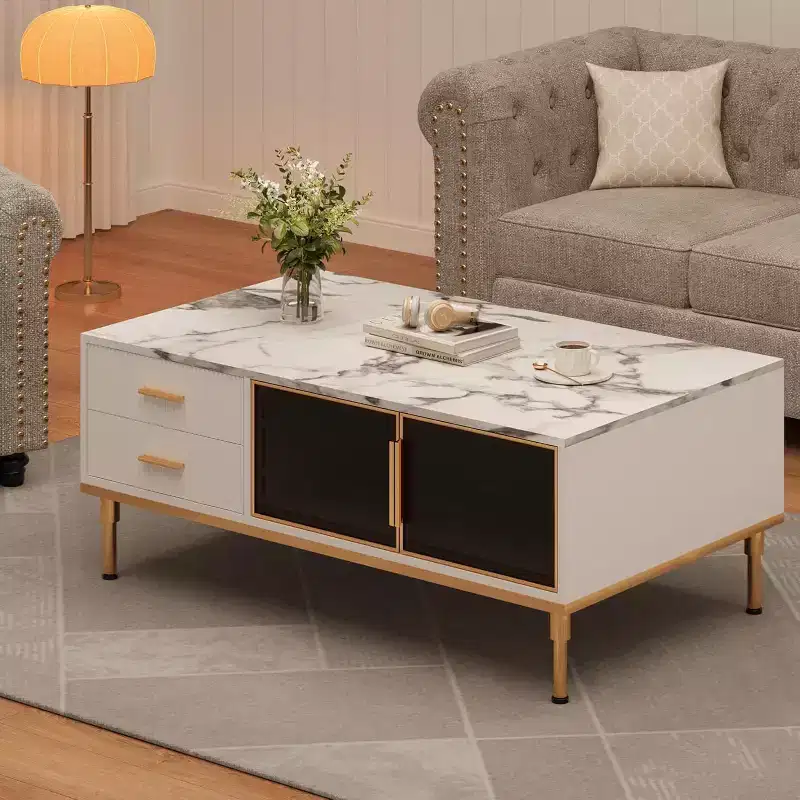 Large Modern Coffee Table with Faux Marble Top, 4 Drawers and Glass Door Storage, Fluted Panel Design, Hidden Compartment for Living Room