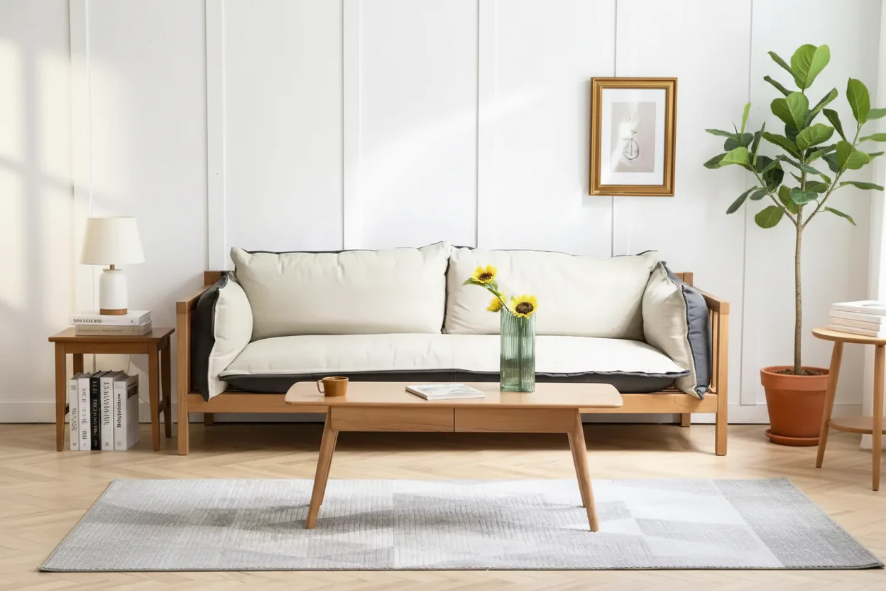 Solid Oak Wood Coffee Table with Drawers & Open Shelf, 39.37