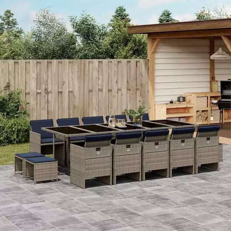vidaXL Patio Dining Set Set of 14 Gray and Black PE rattan 15 Piece Set