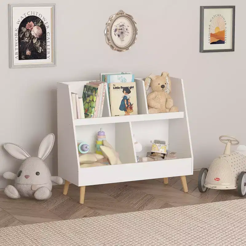 Whisen Kids Bookshelf and Toy Organizer, Open Bookcase, 2-Tier Baby Storage Display Organizer with Legs - White