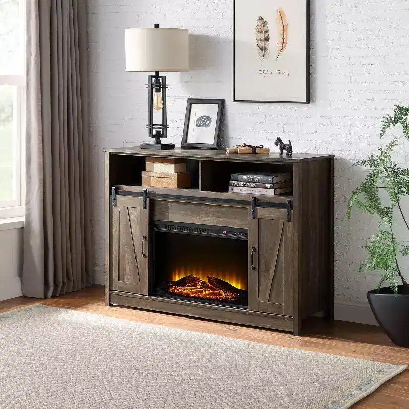 Rustic Oak Finish Fireplace with Shelf Storage