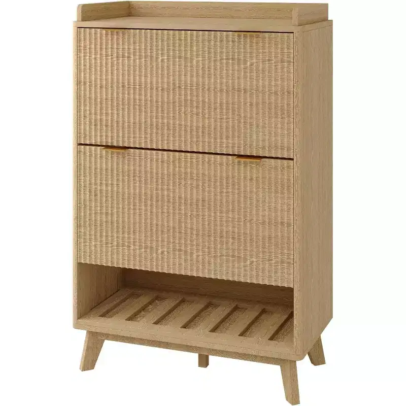Acekool 2 Flip Drawer Narrow Walnut Shoe Cabinet with Drawer & Open Shelf for Entryway Hallway & Living Room