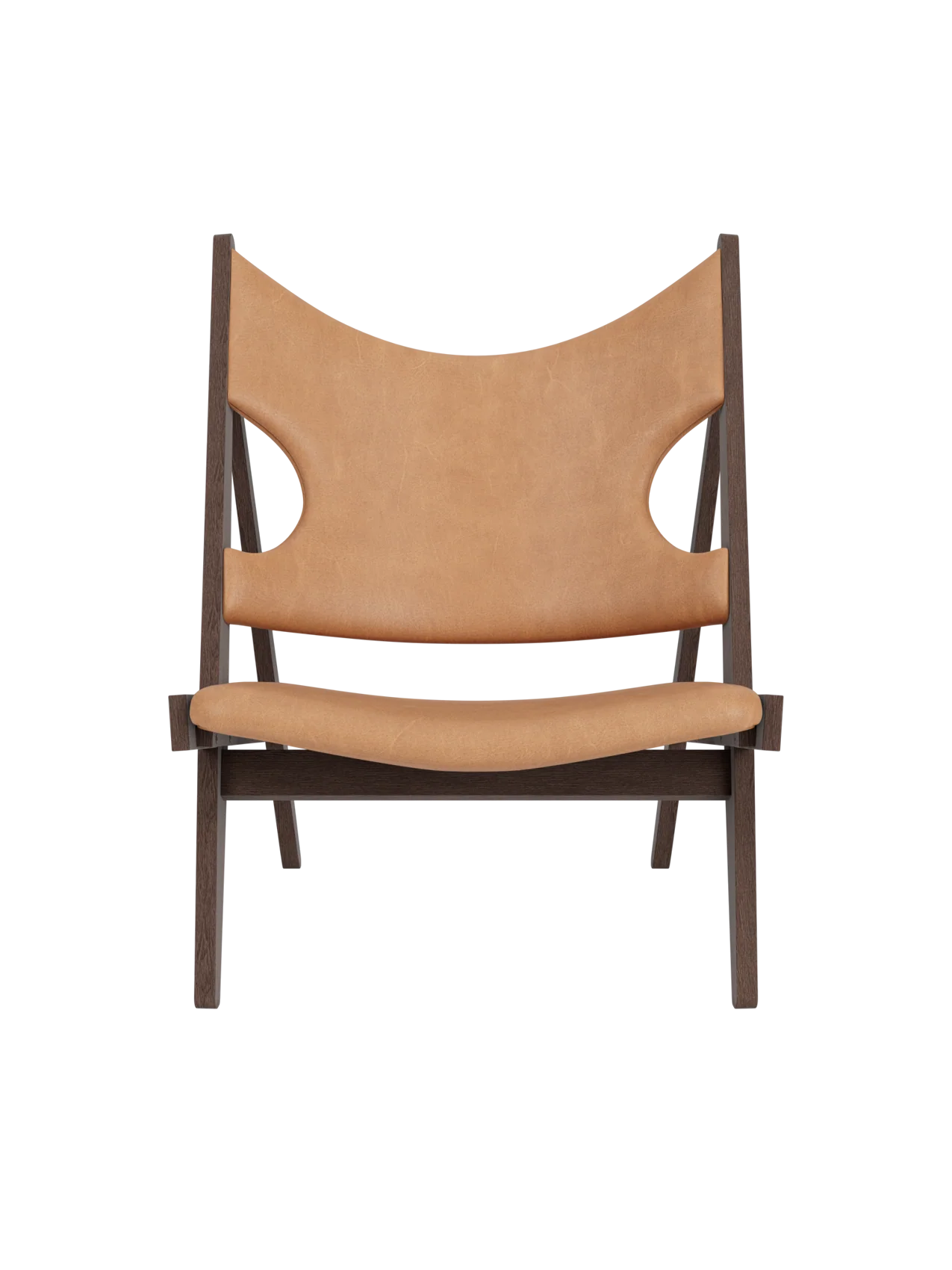 Leather & Oak Lounge Chair with Elbow Cut-Out Design for Living Room