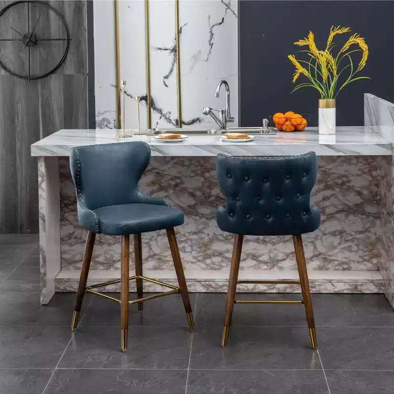Roundhill Furniture Nevis Mid-century Modern Faux Leather Tufted Nailhead Trim Counter Stool, Blue, Set of 2
