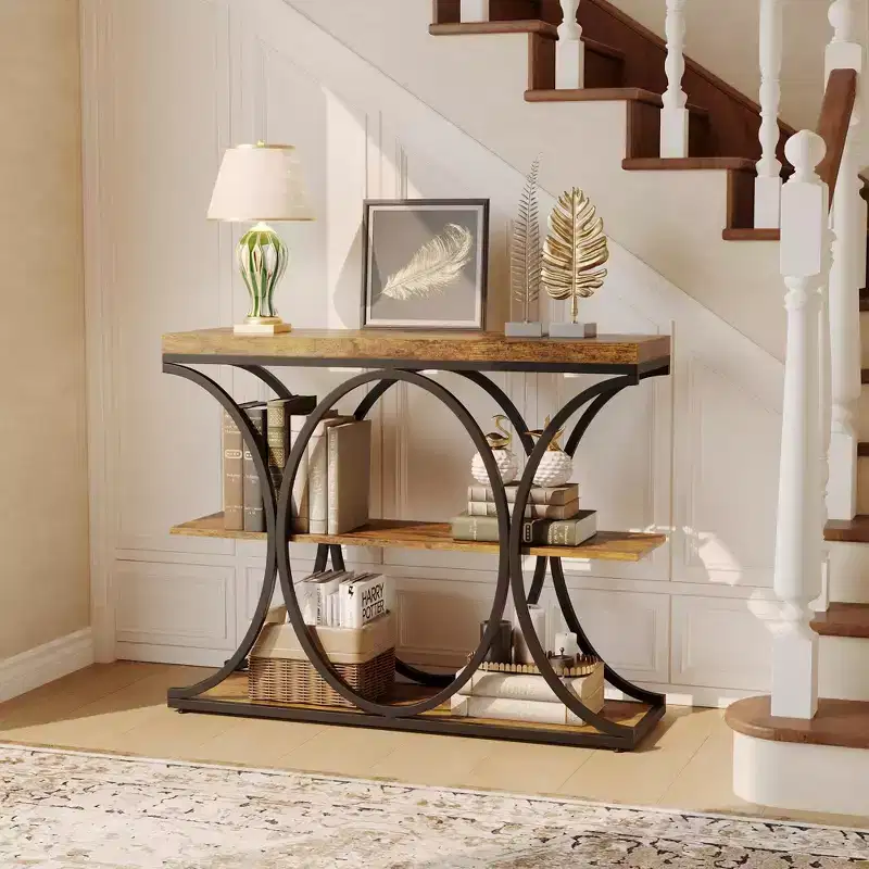 39 Industrial Entryway Table, 3-Tier Console Table Sofa Table with Circle Metal Frame, Accent Table with Wooden Storage Shelves, for Living Room