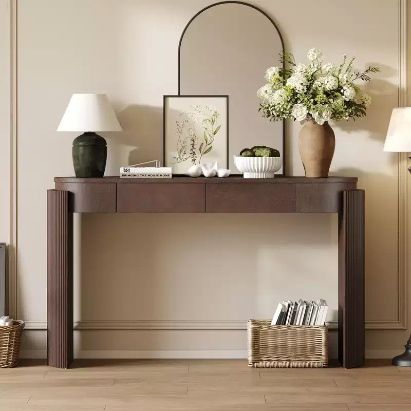 Grooved Design Natural Wood Grain Finish Entryway Table with Oval Top and 2 Drawers, Suitable for Living Room, Espresso Brown
