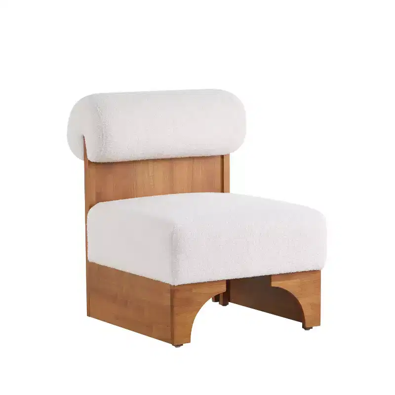 Accent Chair with Rolled Backrest and Solid Wood Base, Boucle Upholstery
