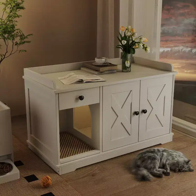 CLIHOME Cat Litter Box Enclosure, Indoor Cat House with Storage Drawer Side Table, Farmhouse Style Hidden Cat Box Cabinet