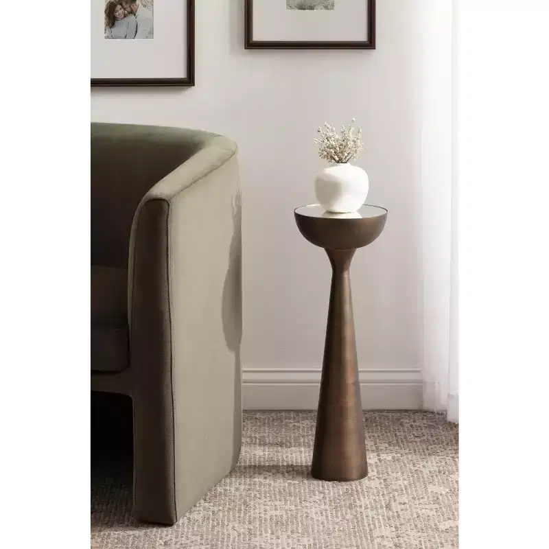 Mirrored Round Drink Table - Sculptural Metal Base, Mid-Century Style