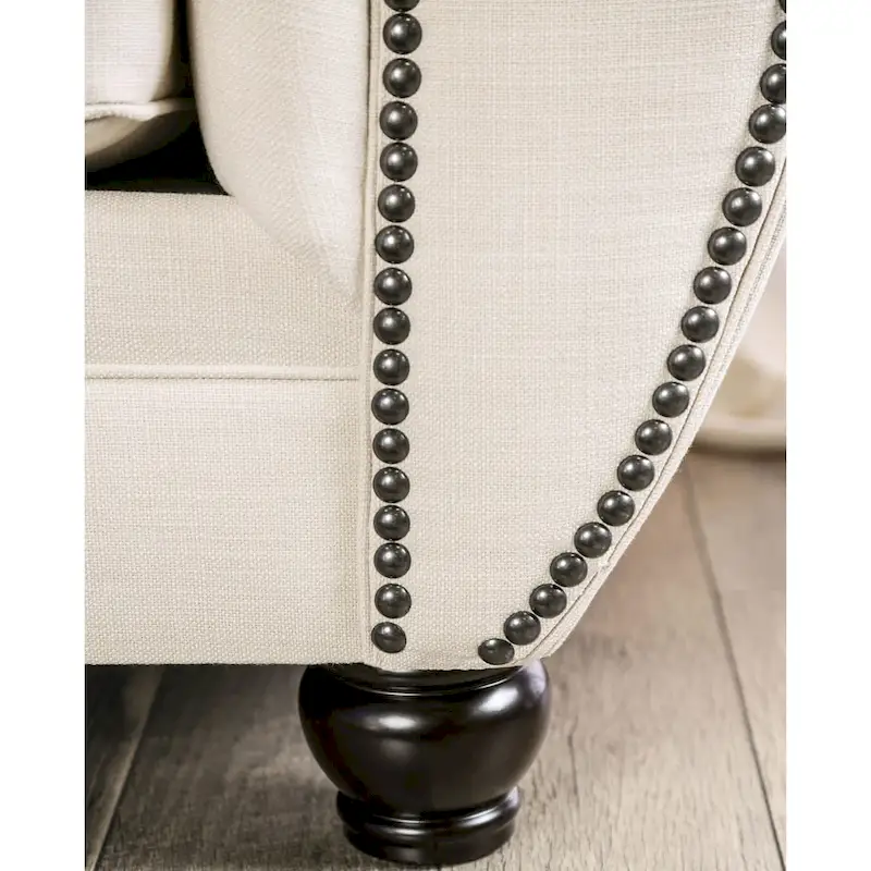 Glam Beige Fabric Upholstered Tufted Nailhead Trim Sofa