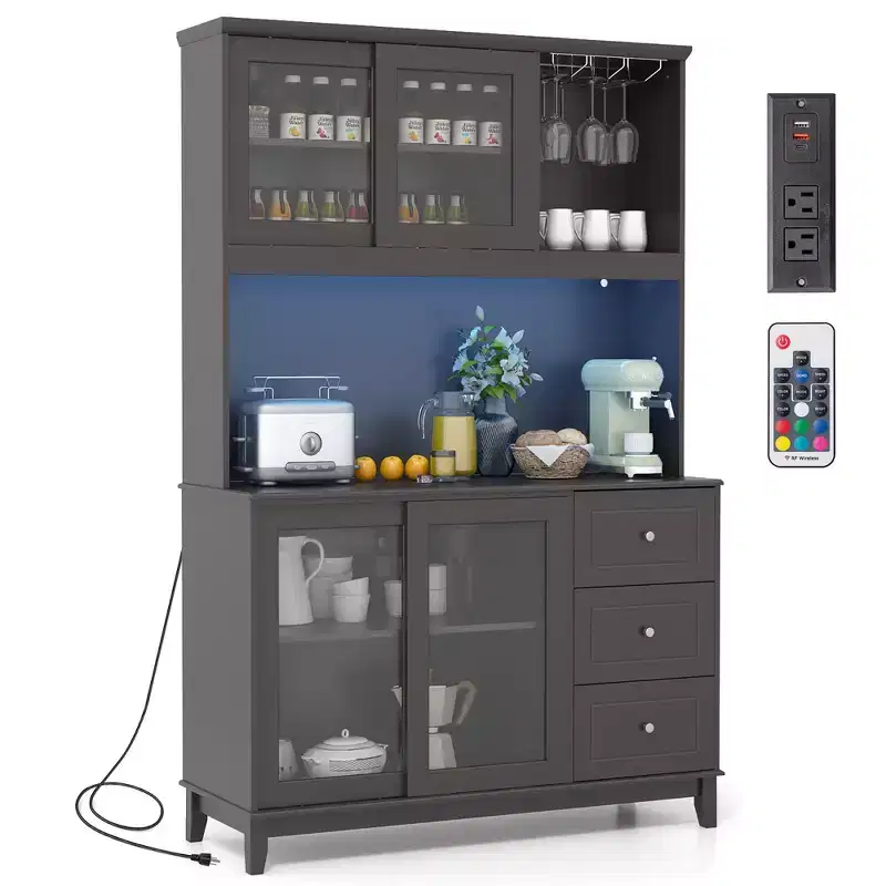 Costway Kitchen Pantry Storage Cabinet Kitchen Hutch w/ LED lights & Power Outlet Dark Brown