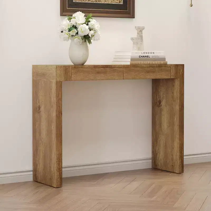 Elegant Wood Grain Texture Veneer Console Table with 2 Drawers, Farmhouse Sofa Table for Living Room & Hallway