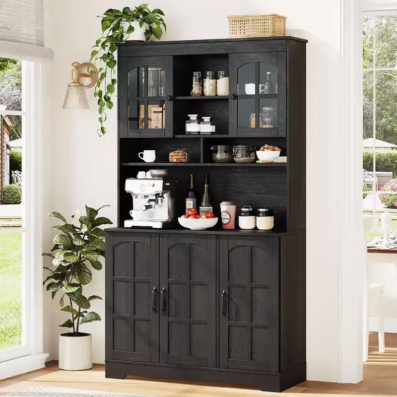 CuisinSmart Pantry Cabinet with Charging Station,70.9 Inch Kitchen Cabinet with Glass Doors, Tall Kitchen Pantry Storage Cabinet with Hutch