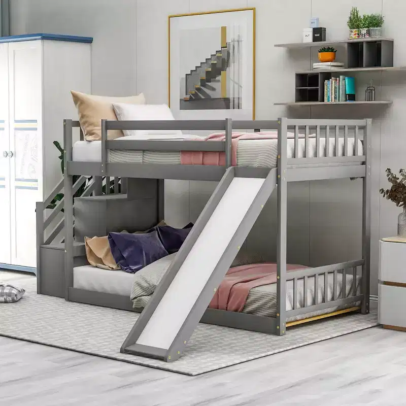 Okak Twin Over Twin Floor Bunk Bed with Convertible Slide and Stairs Solid Pine Wood Loft Bunk Bed for Kids, Girls, Boys Easy Assemble