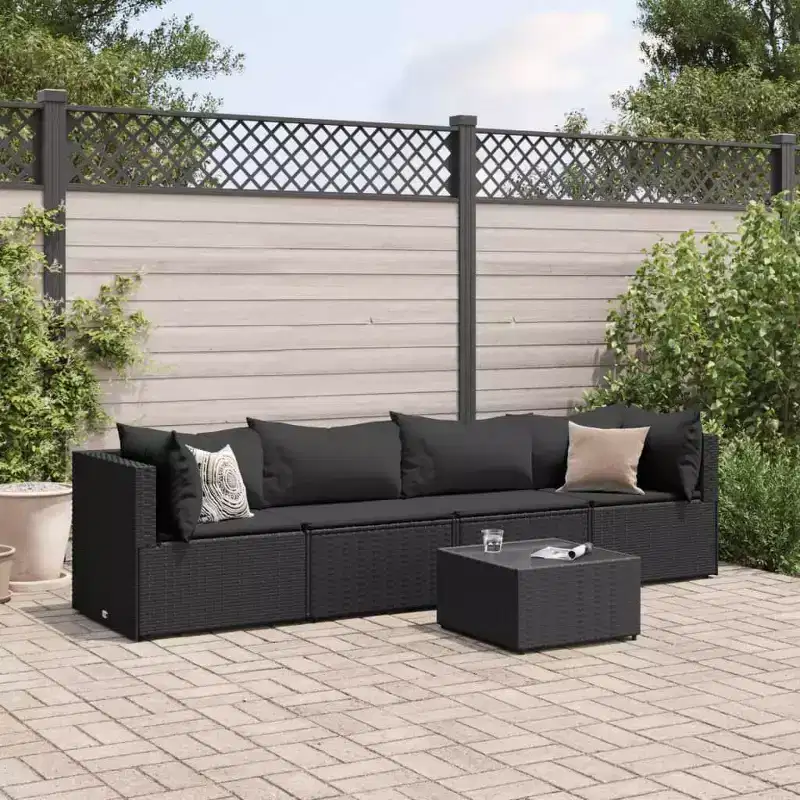 vidaXL - 5 Piece Patio Lounge Set with Black Cushions - PE Rattan, Steel Frame, Tempered Glass Coffee Table - for Garden, Terrace, Patio