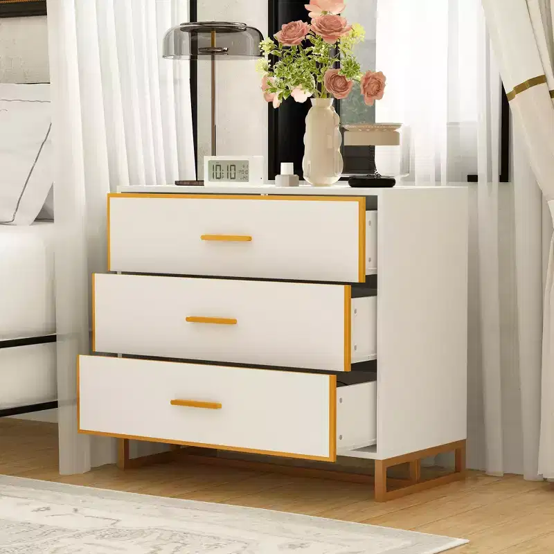 3-Drawer Modern Nightstand with Open Metal Frame, Black & Gold Finish, 28.7
