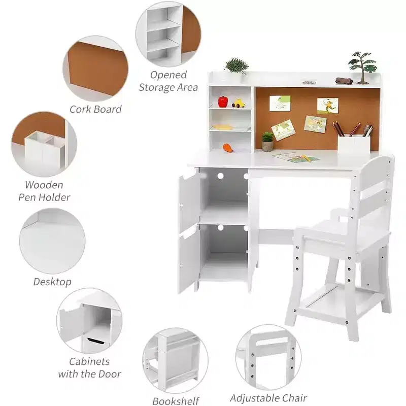 Kids Desk, Study Desk and Chair Set for Boys and Girl, Wooden Kids Writing Table with Bookshelf, Bulletin Board, and Cabinets for Ages 3-8