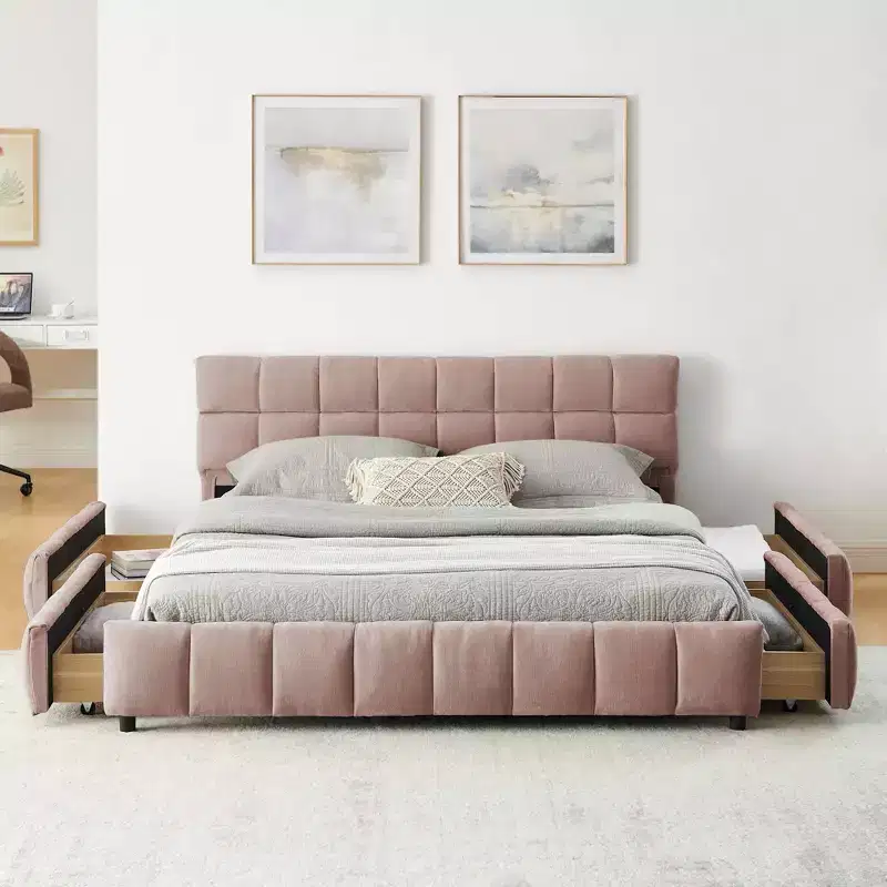 Queen Size Upholstered Bed with Headboard, Chenille Fabric Solid Bed Frame with Drawer for Bedroom, Pink