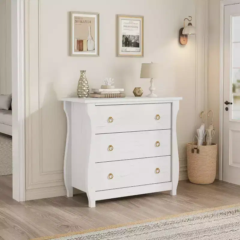 3-Drawer Chest  Modern Boho Tall Dresser with Curved Legs, Rattan Detailing, and Versatile Storage for Bedroom, Living Room, Entryway, or Balcony