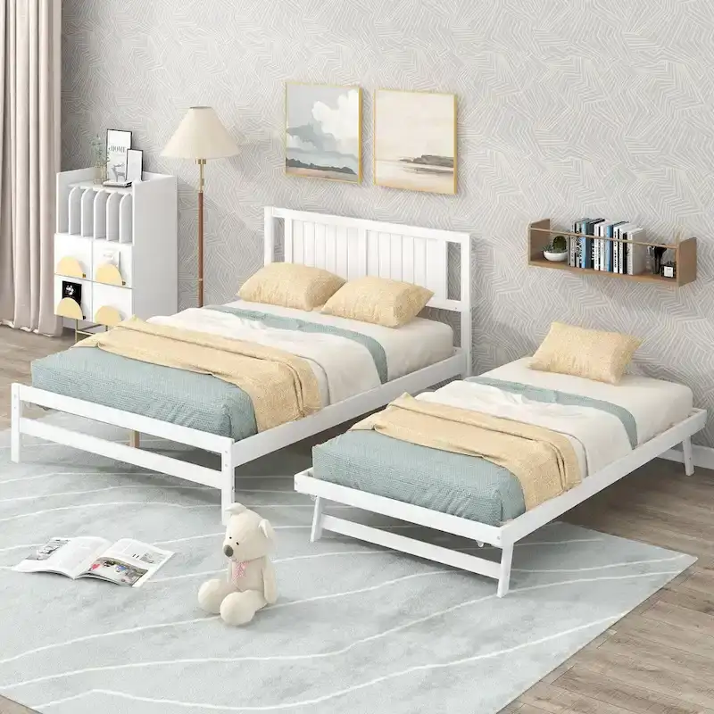 Modern Full Size Pine Wood Platform Bed with Adjustable Trundle