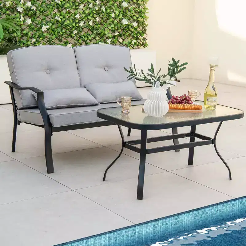 Costway 2 PCS Patio Furniture Set Outdoor Loveseat Chair Coffee Table Cushioned Seat Navy/Grey