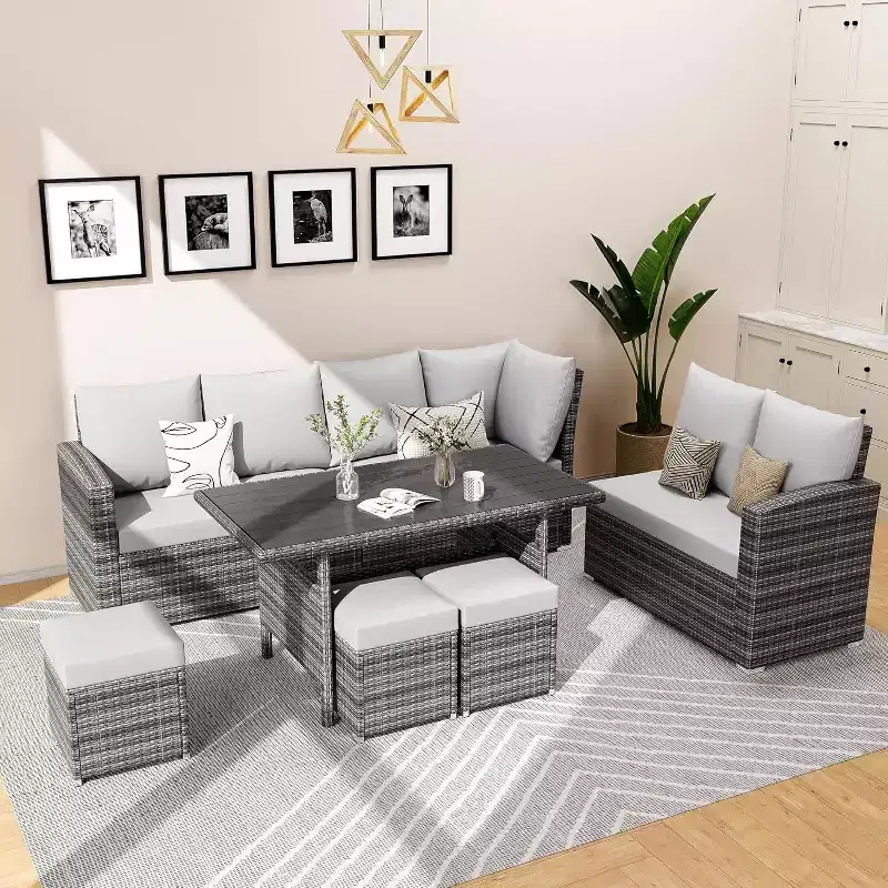 9-Seat PE Rattan Patio Sectional Sofa Set with Storage Table Water-Repellent Cushions Gray for Backyard Deck Poolside