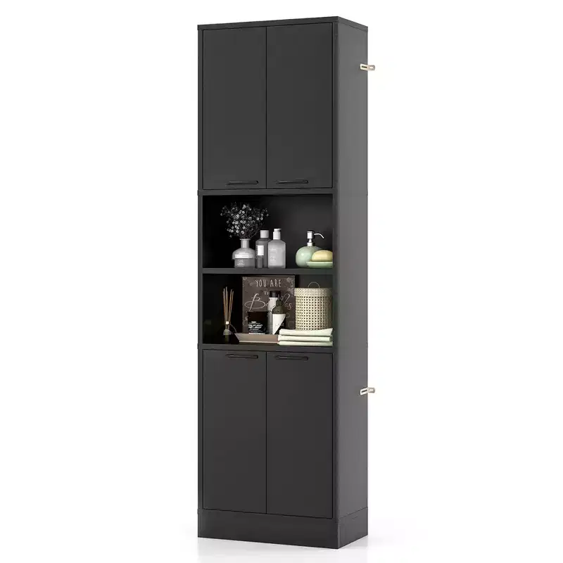 Costway 75 Tall Bathroom Storage Cabinet with 4 Doors & 2 Open Compartments Freestanding Black/White