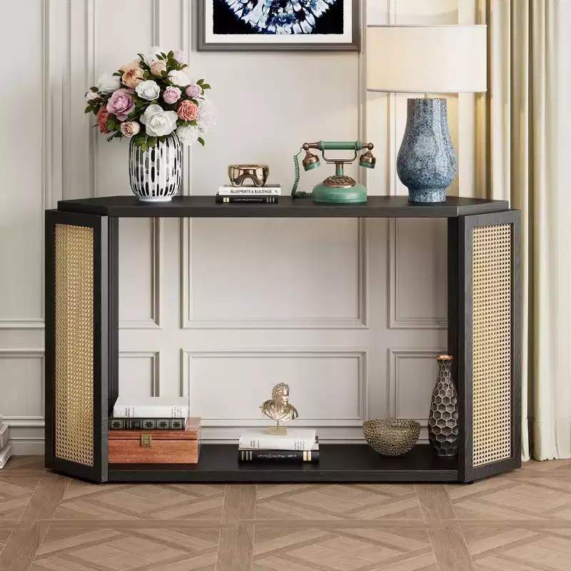 Okak 53.54IN Farmhouse Entryway Table with Hexagon Top Design, Console Table with Rattan Decorated Legs, Accent Table for Living Room, Foyer, Black