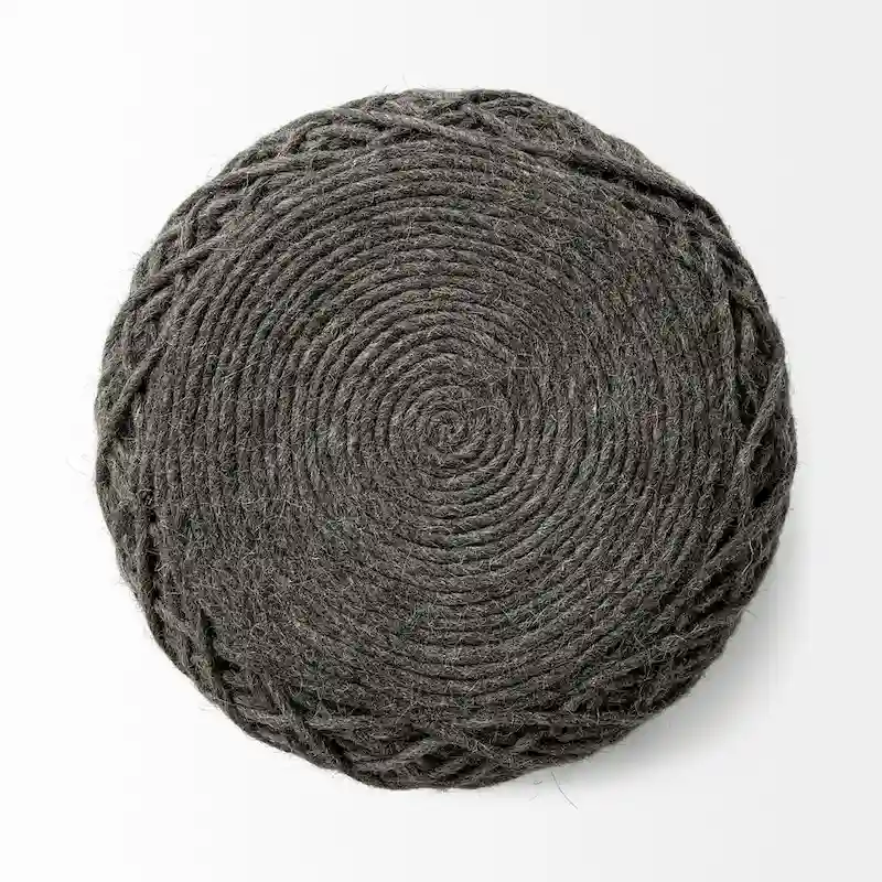 Handwoven Brown Wool Round Pouf with Diamond Weave Pattern