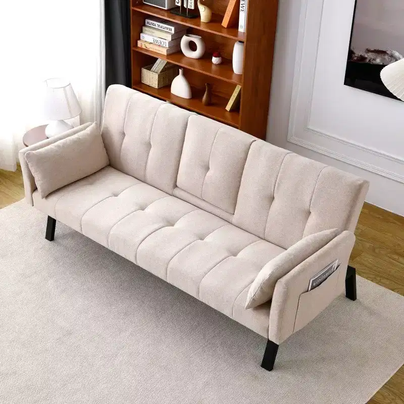TUYOHW 70'' Foldable Sofa Bed with Cup Holder & Side Storage,Cotton Linen Sofa Bed for Small Spaces