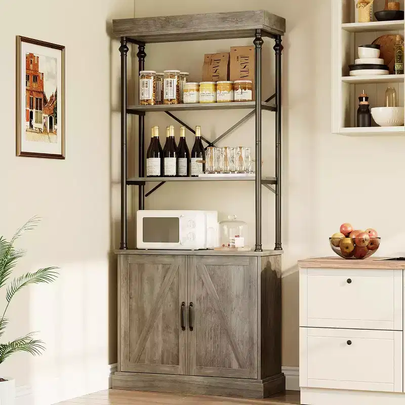 Tall Bookcase with Doors, 4-Tier Industrial Bookshelf with Cabinet, Wood & Metal Frame
