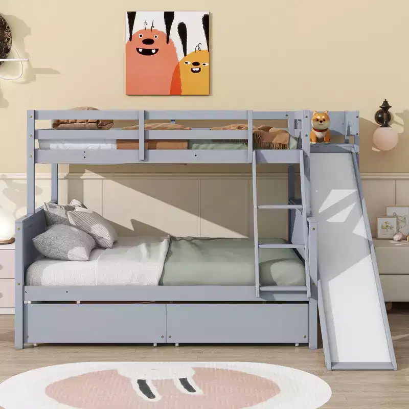 Twin over Full Rubber Wood Bunk Bed with 2 Drawers, Slide, Shelves & Ladder