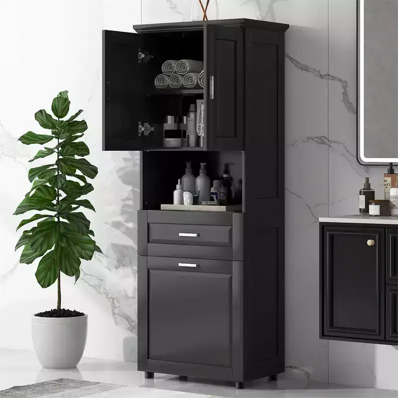 Tall Slim Bathroom Cabinet with Laundry Hamper, 2 Doors & 1 Drawer, for Bathroom, Laundry, or Living Room