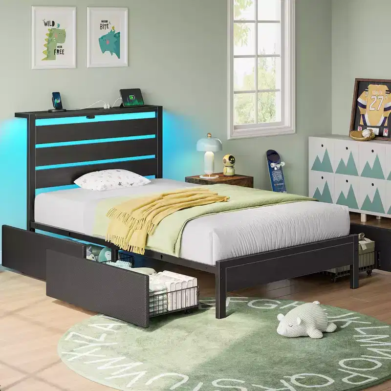 Greenstell Industrial Metal Platform Bed Frame with 4 Storage Drawers - Led light & Charging Station , Mattress Foundation, Heavy Duty