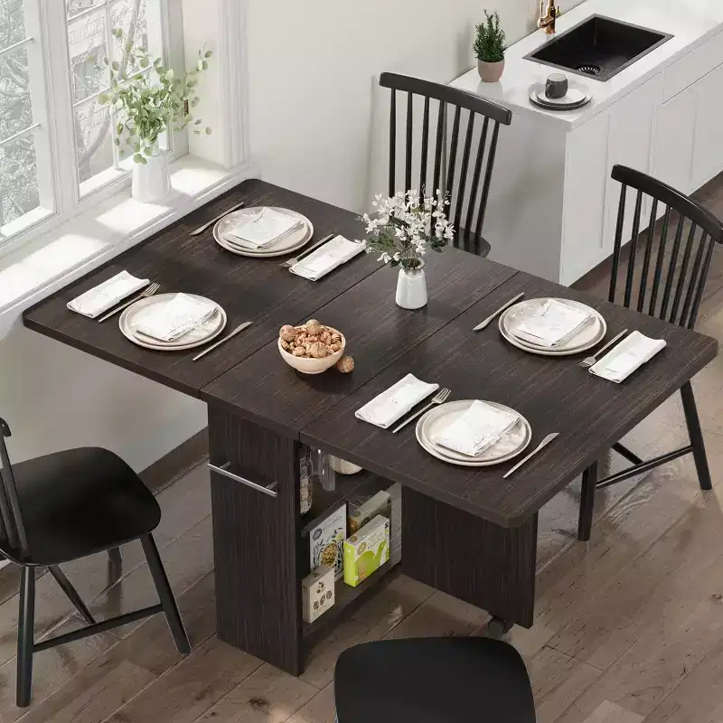 Dark Walnut / Gray / White Drop-Leaf Folding Dining Table, Seats 1–2